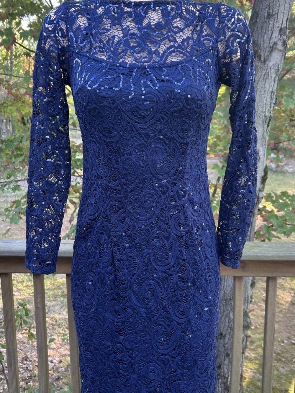 MARINA Navy Lace Long-Sleeve Cocktail Dress